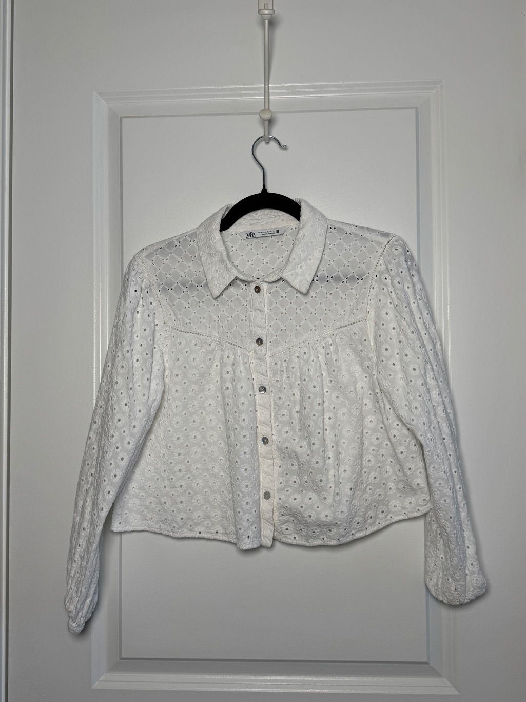 Zara White Eyelet Button-Down Blouse
